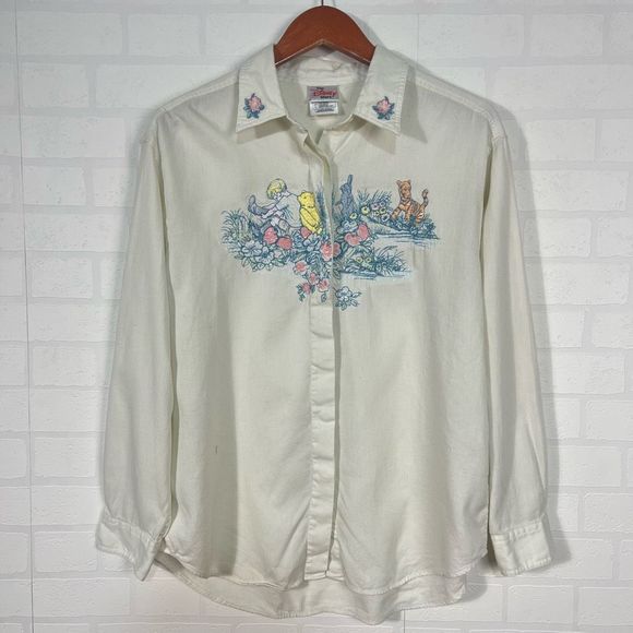 Disney Tops - Disney Store Button Down Shirt Womens Size L Off White Pooh Embroidered